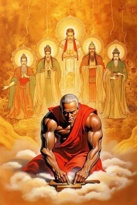 chenu1 illustration. 
A striking illustration featuring an aged, muscular man kneeling on a cloud-like surface, intently working with a traditional wooden tool. He wears a red garment that reveals his powerful physique and silver hair. Behind him, a vibrant golden background showcases four ethereal figures in traditional Chinese robes, representing deities or celestial beings, with intricate details and a spiritual aura. The composition blends realism with mysticism, using warm tones and dramatic lighting to create a sense of divine inspiration and craftsmanship.
 <lora:chenu2_poster_cap_d6a3:1.0><lora:822506849015177464:0>