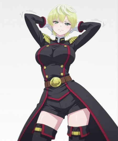 official art, absurdres, highres, hi res, best quality, masterpiece, 2d, intricate details, 4k, anime coloring,
1girl, solo, female, eyelashes, nose, short hair, blonde hair, jewelry, green eyes, earrings,
thighhighs, gloves, shorts, belt, white gloves, uniform, military, military uniform, epaulettes, black jacket, jacket,
boots, thigh boots, black thighhighs, black footwear,
cowboy shot, foreshortening, looking at viewer, facing viewer, front viewer, arms behind head, jiggle, contrapposto,
depth of field, white background, gradient background, <lora:Tenka_Izumo_ILXL:1>, izumo tenka, mato seihei no slave,