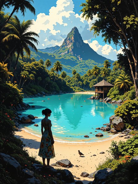 oil painting style, masterful composition, highly detailed, intricate, dappled sunlight, dramatic sky with beautiful clouds, a breathtaking idyllic painting blending impressionism with romantic realism, a tranquil lagoon at bora bora in french polynesia, the turquoise waters shimmer under the golden afternoon sunlight, framed by lush tropical vegetation and tall swaying palm trees, beautiful thatched huts sit on stilts over the lagoon, their reflections softly rippling on the surface, in the background, the towering green peak of mount otemanu rises majestically against a sky painted in soft blues and fluffy white clouds, in the foreground, the sandy shoreline glows warmly, scattered with small rocks and vibrant greenery, a lone woman wearing a light colorful summer dress in a soft breeze stands barefoot at the edge of the lagoon, gazing across the beautiful scenery, the lagoon teems with life, beautiful tropical hibiscus flowers and a colorful bird, perched on a twig, add to the exotic atmosphere, the composition is expansive and immersive, capturing the breathtaking natural beauty of the scene, the viewpoint is just above the right shoulder of the woman, soft and diffused lighting highlights the richness of the tropical palette, emphasizing hues of emerald green, aquamarine, and warm sandy tones, while the gentle glow of the sky adds warmth to the scene, brushstrokes are fluid and expressive, blending rich textures with intricate details, the painting captures the interplay of light, water, and foliage with a delicate and harmonious touch, subtle dappled shadows bring depth to the lagoon and its surroundings, creating a sense of realism and romantic allure, painted with masterful attention to detail, the image employs a balanced and harmonious color palette, capturing the idyllic and serene beauty of bora bora, evoking a sense of tranquility and timelessness, the image is painted in a timeless style, blending realism with a touch of dreamlike quality, vivid colors and soft gradients emphasize the tropical setting, dark corners, tranquil, serene, idyllic, amanoer, aidmafluxpro1.1, <lora:style-ethereal_brush-anime-flux-by_karlanan:0.6> <lora:style-yoshitaka_amano-elden_ring-flux-by_alicient:0.4> <lora:epic_gorgeous_details-balance-flux-by_flyway:0.4> <lora:flux_pro1.1_detailer-v0.2-flux-by_aidma:0.16> <lora:faetastic_details-flux-by_faeia:0.6>