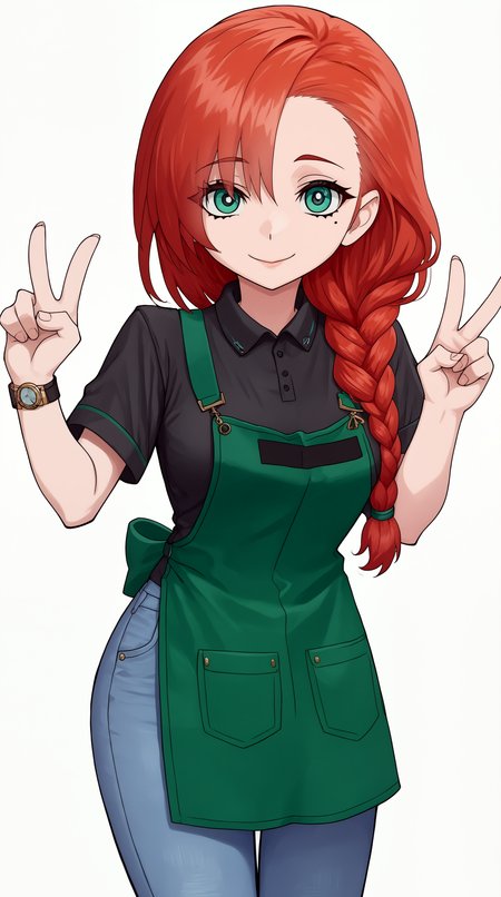 score_9, score_8_up, score_7_up,anime_source, source_anime, best background, detailed background, anime screencap,simple background, white background,    zzzemoji, leaning forward, pose, aside, v-sign,  yasuka, 1girl, solo, apron, red hair, braid, pants, shirt, long hair, green apron, jeans, green eyes, denim, black shirt, uniform, short sleeves, smile, looking at viewer, mole under eye, collared shirt, employee uniform, hair over shoulder, mole, single braid, wristwatch, closed mouth, blue pants, breasts  <lora:Yasuka_PONY:0.8>  <lora:ZZZ_Emoji_style_PONY:1>