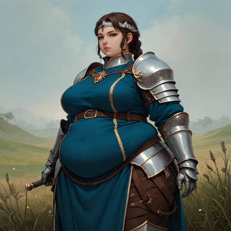 <lyco:SyMix_Pony_v05a02:1>, score_9, score_8_up, score_8, solo, 1 woman, adult, <lora:add-detail-xl:1>,  <lora:EthicaXL:0.5>, fat ethica with a braided ponytail wearing warrior princess outfit, navy blue, knight, fat