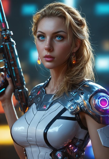 A highly detailed, realistic photo of an incredibly beautiful Caucasian woman standing boldly in a futuristic, cyberpunk cityscape. She has long, wavy golden hair that flows dramatically behind her, and her deep blue eyes gleam with determination and strength. Her fair skin is smooth and luminous, with a natural, healthy glow. She is dressed in a sleek, form-fitting cybernetic armor that accentuates her extremely voluptuous bustline and well-toned, athletic physique. The armor is adorned with glowing neon accents, highlighting her hourglass figure and powerful stance. She holds a futuristic, high-tech energy rifle, ready for action. Behind her, the city is a blend of towering neon-lit skyscrapers and ancient, mystical ruins, creating a unique fusion of cyberpunk and fantasy elements. The sky is filled with holographic advertisements and flying drones, while the air is thick with the scent of ozone and magic. The woman's expression is fierce and focused, as if she is prepared to face any challenge that comes her way
((standing, upper body shot, pose variation:1.5, alternate pose:1.5))
 (8k uhd:1,4)
 <lora:Dynamic Poses:1>
 <lora:detailed_notrigger:1>