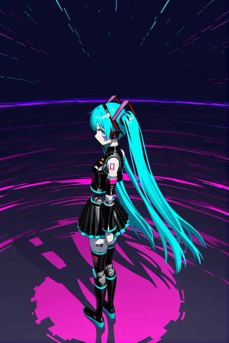 tmnh, ar-glitch, glitch, masterpiece, best quality, very aesthetic, absurdres, 8k, anime, 1girl, solo, hatsune miku append, detached sleeves, pleated skirt, stockings, reflective clothes, cyborg body, robot joints, mechanical joints, bent forward, from side, looking at viewer, high energy, stars, megastructure background, exquisite detail, volumetric lighting, [layered composition], satoshi urushihara style, closeup, from above <lora:Glitch:1> <lora:Tsutomu_Nihei_Blame_Style:0.5>