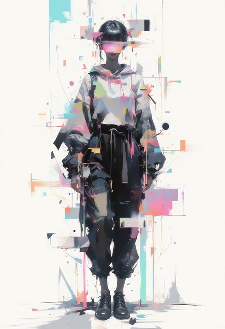 aidmaimageupgrader, female character in the center, minimalist composition, geometric patterns, glitchcore aesthetic, white space, worn textures, soft gradients, subtle digital distortion, muted neon accents, ethereal lighting, fragmented glitch effects, abstract shapes, delicate futuristic fashion, glowing holographic details, broken symmetry, faded digital artifacts, serene atmosphere, subdued color palette, glitching outlines, soft focus background, minimal futuristic setting, degraded glitch effects, dreamlike ambiance, quiet elegance,pscho_4rt