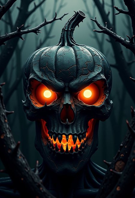 The image shows a haunting, Halloween-inspired scene featuring a menacing pumpkin that has been transformed into a skull. The pumpkin, rendered in dark, glossy black tones, bears an eerie resemblance to a human skull with jagged teeth and hollowed-out eye sockets, glowing with an intense orange light from within. The sharp, cracked details of the surface give it an ominous, weathered look, while the stem at the top, gnarled and twisted, adds to its sinister nature. The background is dark and misty, with shadowy, thorny branches reaching out, creating a spooky atmosphere. The art style is hyper-realistic with smooth, glossy textures and dramatic lighting that emphasizes the glowing eyes and mouth. The overall tone is macabre and unsettling, perfect for a dark, gothic Halloween theme.
