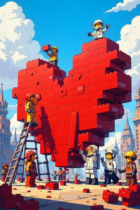 In the center of a bright, colorful LEGO city, a group of LEGO figures is gathered around a massive, half-built heart made entirely of red LEGO bricks. The heart towers over them, with its blocky edges forming a perfect, symmetrical shape, though a few gaps remain where bricks still need to be placed. A LEGO firefighter, wearing a red helmet and yellow uniform, stands on a small ladder, carefully positioning a brick near the top. Beside him, a LEGO astronaut in a white spacesuit with a golden visor holds a handful of bricks, ready to pass them up. A LEGO chef, dressed in a white uniform with a tiny rolling pin tucked into his belt, is helping a construction worker lift a large red block into place. The ground is scattered with extra bricks, and in the background, more LEGO figures cheer and wave as they watch the heart take shape. Above, the sky is a brilliant blue, with fluffy white LEGO clouds floating lazily in the distance. The scene is filled with teamwork and joy, as the tiny figures work together to complete their enormous creation. , detailed background  Fantastic lighting. Detailed shadows.intricate details, vivid colors, hyper-detailed, ultra-sharp, ,  DB4RZ, DB4RZ style painting, NeoPigma, in the style of cksc, anime, cyberpunk, a masterpiece, award winning,<lora:CPA:0.5><lora:FLUX-daubrez-DB4RZ:0.3><lora:NeoPigmaV3:0.35><lora:ck-shadow-circuit-000021:0.35>
