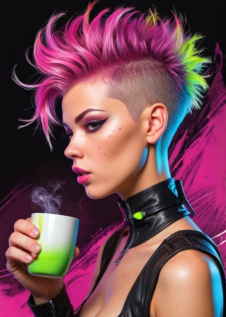from side from below, anime comic style render, euphoric(((man:1.18): (hair: , short modern cut, shaved sides,)):1.21) in posing dynamic position, smooth skin, (prominent coffee mug:1.12), 
Smirking, biting lip, Exposed cleavage, Glossy hair, 
(pui:0.01) steaming mug of coffee, oversized and centered, hand grasping handle, detailed fingers wrapped, 
flirting expression, comic art style, steam rising, big sculpted 3d sculpture mug, coffee shop background, vibrant colors,(trending:1.01) (high image quality:1.08), (RAW:0.96),(high resolution photograph:1.28),high definition,(aesthetic:0.96), newest, <lora:LCMTurboMix_Euler_A_fix.safetensors:0.96:0.3> <lora:sdxl\pony-realism-22-nsfw-photo.safetensors:0.85:0.18>  p15,s20
