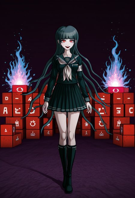 masterpiece, best quality, absurdres, <lora:Danganronpa_Locations:1>,  danganronpa sprite style, danganronpa_sprite_style , <lora:Amemiya_Darumi_Danganronpified:0.4>,1girl,:d,amemiya_darumi,armband,black_boots,black_bow,black_hair,black_sailor_collar,black_serafuku,black_shirt,black_skirt,blood,blood_from_eyes,blue_hair,blunt_bangs,bodysuit,boots,bow,collarbone,full_body,gradient_hair,hair_bow,knee_boots,komatsuzaki_rui,last_defense_academy_school_uniform,long_hair,long_sleeves,miniskirt,mole,mole_under_mouth,multicolored_hair,neckerchief,pleated_skirt,red_eyes,sailor_collar,school_uniform,serafuku,shirt,skirt,smile,solo,standing,tachi-e,the_hundred_line_-last_defense_academy-,two_side_up,very_long_hair,white_armband,white_bodysuit,white_neckerchief , red_cubes,abstract,dark_background,purple_light,blue_light,ground_level_view,digital_art,low_resolution,3d_rendering,floating_objects,night_scene,mysterious,glowing_objects,large_red_block,scattered_pieces,small_red_shapes,single_eye,black_and_red,minimalistic,ambient_lighting,blurred_edges,low_detail,vague_shapes,danganronpa,danganronpa_(series),danganronpa_2:_goodbye_despair,danganronpa 2,danganronpa sprite style,danganronpa_sprite_style