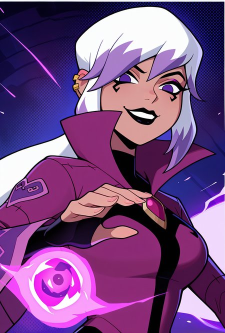 <lora:charmov:1> charmov, long hair, ponytail, , white hair,, 1girl, multicolored hair, purple eyes, ear piercing, two-tone hair, makeup, solo, long sleeves, black lips, purple jacket, long jacket, popped collar, facial expression, dynamic pose, magic, evil smile, evil grin, lookign at viewer,, masterpiece, best quality, amazing quality, very aesthetic, absurdres, newest,, upper body, halftone effect, white borders, abstract background:1.2,