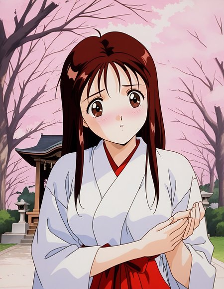 general,highres, ultra-detailed,very aesthetic,best quality ,best hands,  BREAK <lora:Arisa_Seijuden_IS:1> Arisa, 1girl, solo, long hair, bangs, brown hair, red hair, brown eyes, breasts, 1990s \(style\),anime coloring,
japanese white clothes, miko, red hakama, shrine, cherry blossom, kimono, blush,
