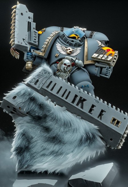 Absurdres, score_9_up, Source: Warhammer40K, Spacewolves Astartes chapter space marines wielding chainswords, gray power armor with fur trim and astartes helmets, wolf motifs, (masterpiece), best quality, expressive eyes, perfect face, 1, space marine, Painstaking Attention To Details, 1990s \(style\), Vintage, Vintage comic book cover of White Dwarf Tabletop Adventures, project unreal engine, volumetric lighting, perfect anatomy, perfect hands, detailed_eye_model, black background, graffiti, blgstyle, ImperialF40k, <lora:PeopleCountSliderLoRAv1:2.0>, <lora:756af36b-d5fa-496f-b9a1-088c62f0c527:0.7>, <lora:6f3a2b85-aa03-4ab1-9f9a-e816ad4b1121:0.7>, <lora:cf26021c-0e88-4b06-9329-8702e6590716:0.7>, <lora:_raging_flames:0.7>, <lora:warhammerAdeptus_v1:0.7>, <lora:e6084b5e-a05d-475d-8afe-925ae03a434b:2.0>, <lora:b8dcc527-1d03-4fe2-ab9e-341ce407290f:0.7>, , , ,