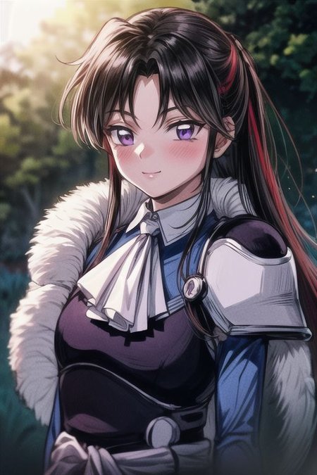masterpiece,  best quality 1girl Setsun4 solo long hair,  (night time) forest background black hair very long hair purple eyes multicolored hair armor (fur trim) (medium body),<lora:EMS-179-EMS:0.800000>,<lora:EMS-293862-EMS:0.800000> bow, hair_bow, hair_tubes, red_bow, brown_hair, long_hair, bangs, ascot, frilled_bow, yellow_ascot, blush, smile, hair_between_eyes, athletic, armor
