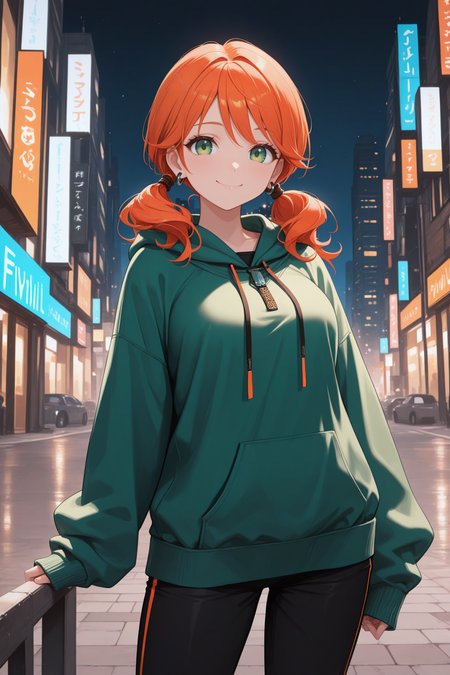 masterpiece, best quality, 1girl, solo, <lora:ffvanille-illu-nvwls-v1-000006:1> ffvnil, orange hair, short twintails, low twintails, green eyes, earrings, green hoodie, sleeves past wrists, black pants, standing, city street, night, looking at viewer, smile