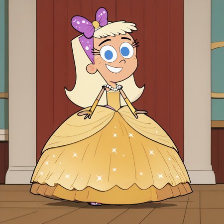 score_9, score_8, score_7, BREAK, chloe_fop, long hair, blonde hair, blue eyes, freckles, hair bow, cute, Very long large straight sparkling tulle yellow princess ball gown hoop skirt, ball gown hoop skirt, yellow princess dress, hoopdress, my big sparkly gypsy wedding dress, ballgown, She is wearing long elbow length yellow fingerless bridal gloves, white pearl necklace, a girl in a big wide poofy floor length posing for a picture, wearing a sleeveless ballgown, looking at viewer and smiling, standing, smiling, full body, looking at viewer