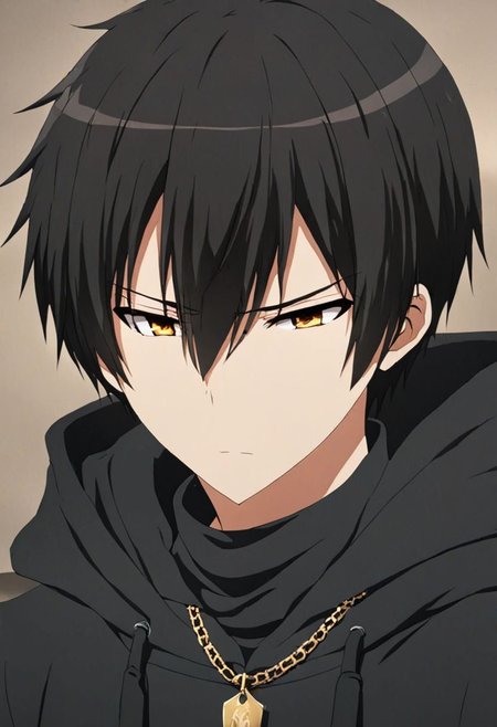 high resolution, solo, best quality, 1Boy, Kanie Seiya, Black Hair, bangs, necklace, choker, hair between eyes, Hoodie, OverallDetail
