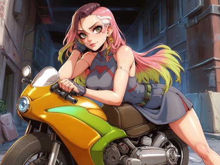 score_9,score_8_up,score_7_up,score_6_up, source_anime, <lora:MeMaXL_V3:1> a girl on a big motorcycle, multicolored hair, pale skinned female, green eyes, freckles, beautiful_detailed_eyes, medium breasts, light smile, bare shoulders, bare legs, bare arms, dark alley, HDR, cyberpunk, futuristic city
 <lora:CoMix_BGXL_V2:1>