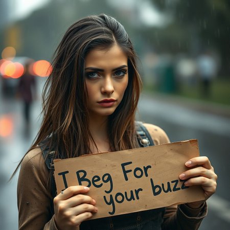 A  gorgeous woman from  looks really sad, raining,poverty,begging, looking at viewer,dirty,holding a sign. There's a caption on the sign that says, "I Beg For Buzz your buzz."