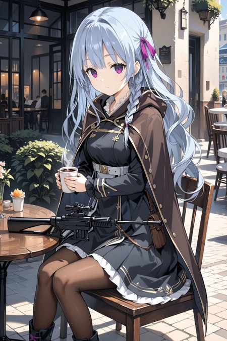 score_max, (score_9, score_8_up, score_7_up:1.2), score_6_up, official art, source_anime,
, masterpiece, absurdres, high detail, 8k,
outdoors, cafe, table, chair, isometric,
sitting, planted rifle, sniper rifle, holding coffee, expressionless,
pixel art, felicette, hair ribbon, purple ribbon, brown cape, black dress, long sleeves, belt, brown pantyhose, black footwear,
<lora:XL_Pony_game-marfushasg-felicette-t1:1>
