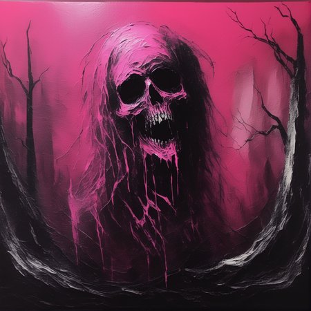 palette knife painting,  <lora:black_metal_art:1> blackmetal style, xerox, pink spooky [ghost|skull]