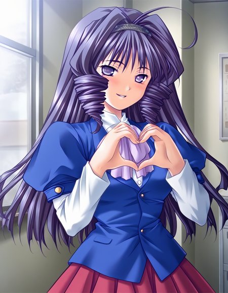 masterpiece, best quality, amazing quality, very aesthetic, official art, absurdres, ultra detailed, game cg,
1girl, solo, kazamatsuri_ayane, ahoge, drill hair, long hair, drill sidelocks, purple hair, hairband, purple eyes BREAK
blue school uniform, red skirt, pantyhose, 
blush, smile, parted lips, looking at viewer, 
standing, heart hands, 
in room, upper body, deep contrast of light and dark, sharp focus, depth of field, highly detailed <lora:Kazamatsuri Ayane v1.0-000018:1>