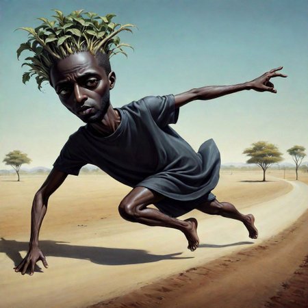 man running away from his own shadow juba gaga didi dompa mixi maxi snupp
 rooted man 
lowbrow art style  ,surreal.