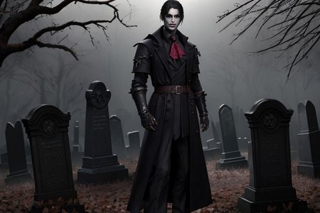 (masterpiece:1.2), (best quality,:1.2), 8k, HDR, ultra detailed, ((photorealistic)), professional light, cinematic lighting, fashion photography, ambient lighting, atmospheric effects, <lora:detail_slider_v4:2>, (DarkFantasy:0.2), a male hunter, wearing a long coat, ascot,  bracers, belt, gothout, <lora:Gothic_Outfit:0.45>,  in a dark and sinister gothic graveyard, iron fence, open graves, darkness, <lora:Darkness-10:0.6>,  <lora:zoom_slider_v1:2>, (Style-Necromancy:0.7), epiCPhoto