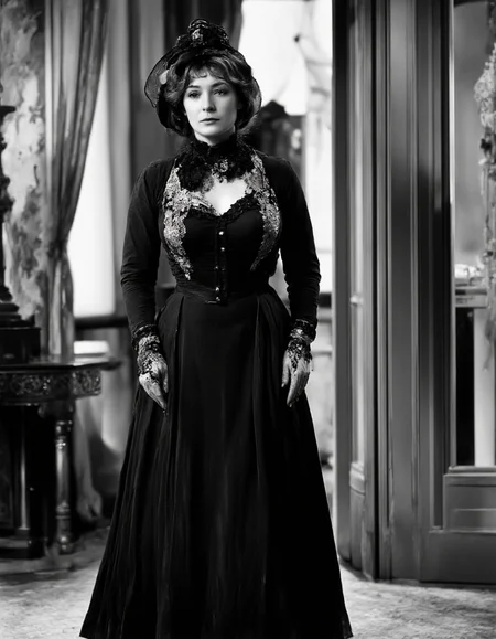 Full body shot  of pretty mature 45yo woman, <lora:1900s_Drama_Movie:1>, ArsMovieStill, movie still from a 1900s drama movie, <lora:kobzar:1>