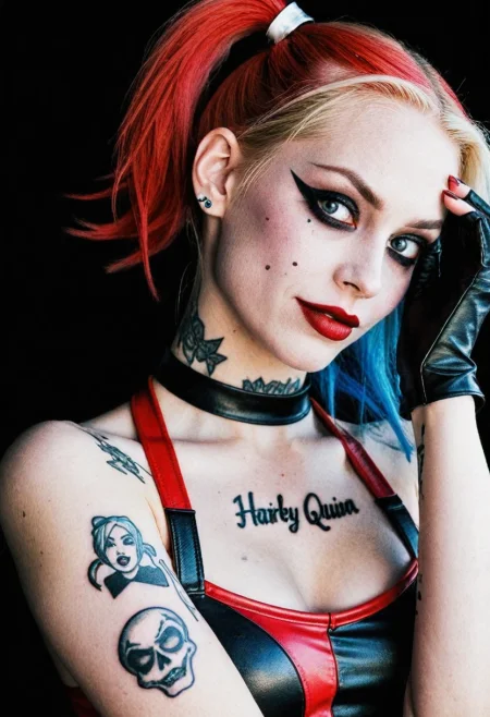 1girl, ❤️, harley quinn, ♦-tattoo, 😅 expression, †edgy† outfit  <lora:acc\dmd2_sdxl_4step_lora>