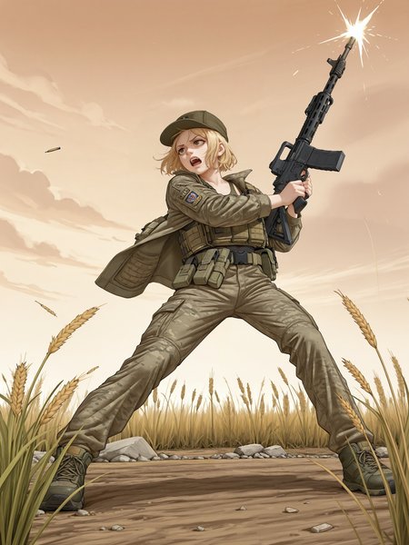 1girl, solo, standing, rifle to the side, 
<lora:Marichka-AZOV chan (IL)_v1-dedededestruction:0.6> marichka, sports bra, military coat, holding assault rifle, ar-15, trigger discipline, military hat, camouflage jacket, bulletproof vest, belt pouch
ground, wheat field, tall grass, rocks, empty shells, bullets, shooting
from below, fisheye