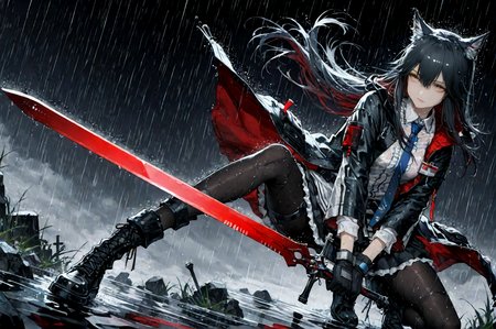score_9, score_8_up, score_7_up, 1girl, solo, ultra detailed, amazing quality, best quality, texas (arknights), dynamic angle, dynamic pose, very detailed eyes, yellow eyes, long hair, black hair, wolf ears, expressionless, black coat, white frilled shirt, blue necktie, black gloves, black skirt, black pantyhose, black knee boots, holding weapon, red sword, rain, wet clothes, dark background, <lora:add_detail:1> <lora:Expressive_H:1>