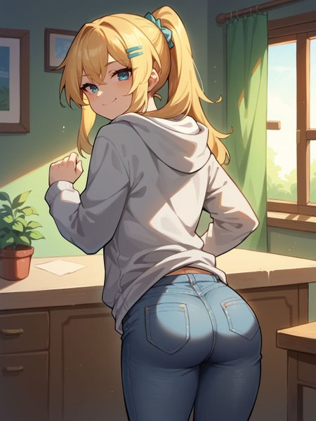 score_9, score_8_up, score_7_up, score_6_up,
sleepyfrippystyle, 1girl, solo, long hair, looking at viewer, smile, hair ornament, long sleeves, closed mouth, blue eyes, standing, ponytail, ass, hairclip, looking back, indoors, hood, clothes lift, from behind, blonde hair, hoodie, hood down, smug, grey hoodie, jeans, 
<lora:sleepy_frippy_style_v1:0.8>,