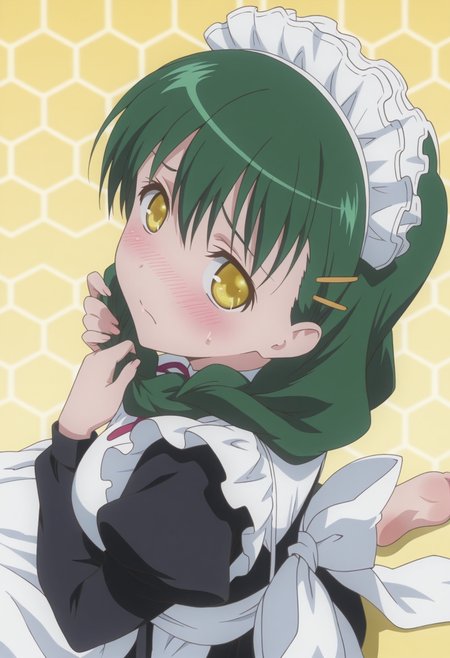 anime screencap, anime coloring, <lora:DX888Sanae:1> shikikagami sanae, yellow eyes, green hair, very long hair, single braid, hair over shoulder BREAK simple background, yellow  background, (honeycomb background:1.2),  BREAK   maid, maid headdress, hairclip, long dress, apron, BREAK    1girl, closed mouth, embarrassed, hand in own hair, hands in hair, holding, holding own hair, looking at viewer,  nose blush,  sidelocks, sweatdrop, (twintails:1.3), upper body,  from side, from above,  wariza, soles,