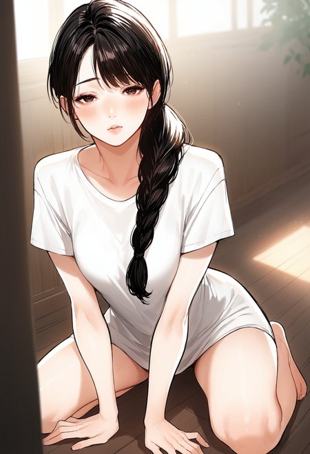 zPDXL, hi res, (sketch:1.2), manga illustration, manhwa, flat colors, inside, livingroom, sunlight
BREAK 1girl, solo, nari 1150, (white skin, pale pink skin:1.4), (black hair:1.2), braided ponytail, ponytail over shoulder, bangs, reddened eyes, (red eyeliner:0.6), parted lips, blush, shy, t-shirt dress, kneeling on ground, wood floor
<lora:scoreSlider_ponyXL_v10:1> <lora:Nari_noona-manwha_ponyXL_v10:0.8> <lora:SakuraNoTomoru_ponyXL_v10:0.4>