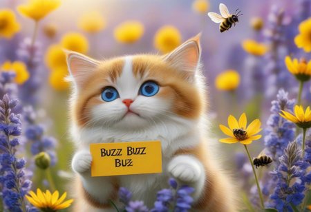 photorealistic close up image
flying kitten with bee wings, flying cat, cat bee hybrid, bumble bee fur, kitten has bumble bee fur, (bee wings), blue eyes, ((Holding a sign that says "Buzz Buzz")), kitten is flying over a flower field with vibrant colors
1cat
highly detailed, aesthetic, great lighting, extremely detailed, award winning, perfect composition, a rich and complex image of nature, a vibrant tissue of hues and textures captured digitally, best quality, realistic, captivating, intricately detailed, hyper detailed, maximalist style, photorealist, sharp focus, dynamic lighting, superb composition, finest details, highest aesthetics, best quality, sharp focus, high contrast, stylized, clear, colorful, ultra quality, 8k, best quality, masterpiece,midjourneyv6.1
AP, no humans, animal focus, cat ,looking at viewer, animal,whiskers