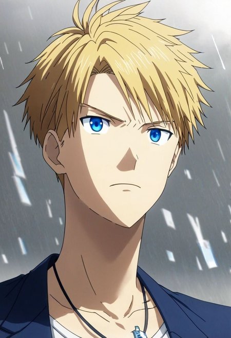high resolution, professional photography, solo, best quality, 1Boy, Yamato Ishida, Blond Hair, Deep Blue Eyes, Necklace, jump, free, clear sky, OverallDetail