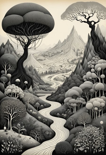 A solitary black-and-white landscape, surreal fantasy illustration, dreamlike atmosphere, hand-drawn cartography, organic linework, soft pastel tones, fantasy map textures, whimsical surrealism, tangled nature, symbolic figures, quiet mystery, ethereal storytelling, folktale mood, botanical elements, eerie elegance, ink and parchment textures, soft emotional surrealism