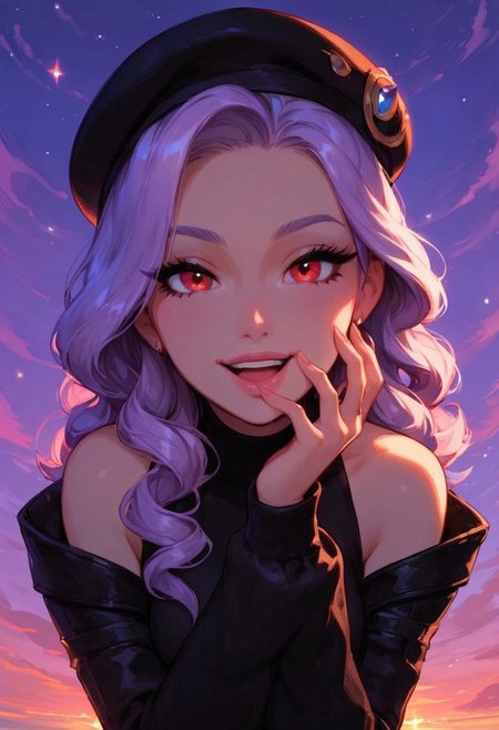 score_9, score_8_up, score_7_up, cute, faded bright colours, ultra detailed, dynamic sunlights, dynamic shades, one cute girl, cute Brazilian woman, backyard, black leather jacket, beret, laughing, delighted, slender, light purple hair, curly hair, shiny-red eyes, smile, bare shoulder, black leather jacket, looking at viewer, sunset, beach boardwalk, dynamic pose, high angle shot..
In the dimly lit chamber, the enchantress' eyes sparkled with a tantalizing promise, their depths shimmering like twin stars. Her gaze, intense and mesmerizing, held the power to captivate and ensnare. The soft glow of the firelight played across her delicate features, highlighting the allure of her enigmatic smile. Draped in flowing, ethereal robes that clung to her graceful form, she moved with a fluid elegance that seemed almost otherworldly. Each glance she cast was a silent invitation, filled with the unspoken allure of secrets and desires yet to be revealed. The air around her thrummed with a subtle, magical energy, as if the very atmosphere responded to her presence. Those who met her gaze felt a magnetic pull, drawn into the spellbinding promise of her eyes, unable to look away.
