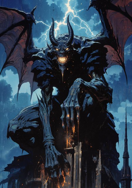 Obsidian Gargoyle, perched atop crumbling cathedral spire, massive stone wings outstretched, curved horns spiraling from skull, chiseled muscles beneath weathered stone skin etched with arcane runes, jagged talons gripping ancient stonework, glowing amber eyes piercing through midnight fog, fanged maw slightly open revealing crystalline teeth, rain-slicked surface reflecting distant lightning, gothic architecture details, grotesque grimacing face with bat-like features, moss-covered crevices, intricate stone textures, dramatic storm lighting from below, city lights twinkling in background abyss, masterpiece, 8K detail, hyperrealistic stone textures, atmospheric volumetric fog, imposing scale, medieval fantasy aesthetic, brooding guardian aesthetic <lora:Anime realistic V2:0.2> <lora:RetroAnimeFluxV1:0.8> <lora:NeonFantasyPrimeFLUX-000049:0.7> <lora:Organic Sauce - FLUX:0.4> <lora:DND_GRAINYBOYZ_FG_FLUX_V2_ROMULUS_Lora:0.6> <lora:flux_dev:1>