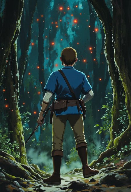 Vector art, uhd, 8k, 4k, epic, dramatic, Jujutsu kaisen manga, 4k quality, (Perfect hand:1.4), anime, (masterpiece), (detailed face), detailed,
Rendered in a style redolent of Impressionism, the painting utilizes a vibrant.
(Full body:1.4) digital artwork of Link wearing a blue tunic, tan pants, and brown boots. (He is holding the master sword in one hands in a low stance, ready to defend attacks with his sharp blade). (Many glowing red eyes of spirits can be seen behind him). He looks around the forest watching for attacks.  
The background is a dark forest. The overall mood is ethereal and ghostly. Unknown spirits haunt the forest.