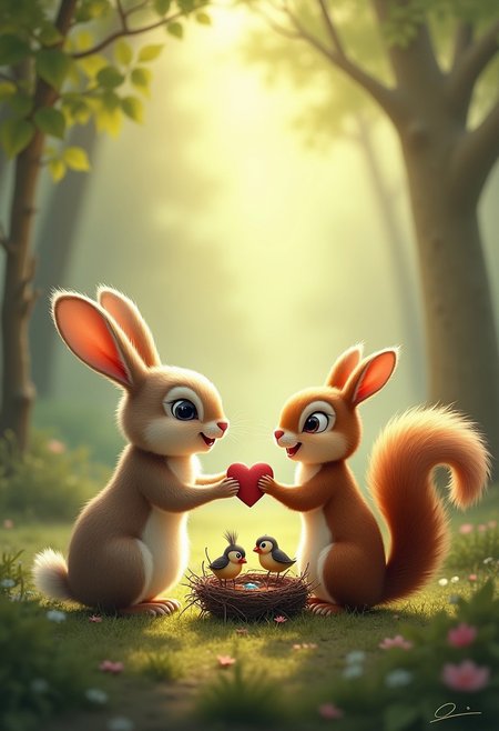 masterpiece, best quality, highly detailed, score_9, score_8_up, score_7_up. 
(realistic)
Soft, sun-dappled forest clearing
Rabbit offering a heart-shaped stone to a squirrel
Squirrel with bright, joyful eyes
Birds crafting a cozy nest from twigs and moss
Gentle light filtering through leaves, casting soft shadows
Calm, serene atmosphere reflecting warmth and affection among creatures