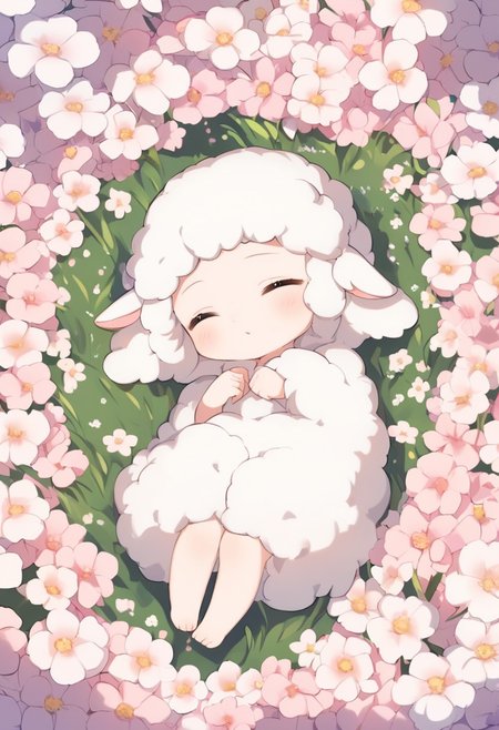 a cute baby lamb sleeping in a field of soft puffy flowers, dark shadows, beautiful, happy