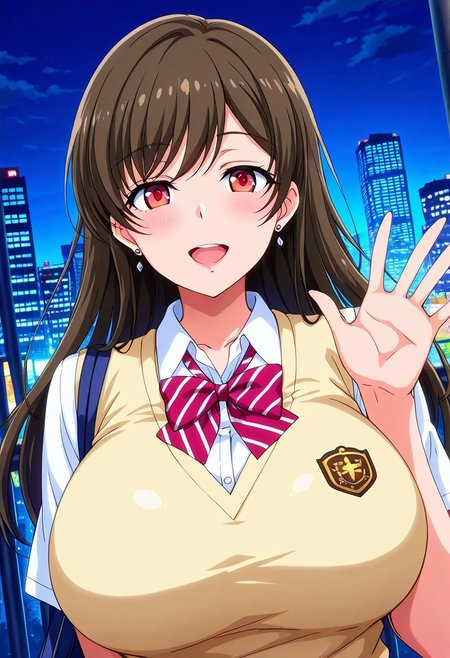 general,highres, ultra-detailed,very aesthetic,best quality ,best hands,best eyes,easynegative,
dynamic anglre, dutch angle, anime cloring,
1girl solo,looking at viewer,city,night, outdoor, waving hand,smile,open mouth, 
Chihiro,brown hair, long_hair, red eyes, huge_breasts, earrings,school uniform,