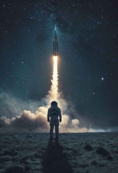 In the vast expanse of the night sky, an astronaut stands in solemn silhouette against the deep indigo canvas. His gaze is fixed upon the rocket ascending into the heavens, a beacon of hope and ambition bound for the distant moon, leaving him behind on Earth.
As the rocket pierces the darkness, carrying dreams and aspirations beyond the confines of our world, the astronaut stands alone, a solitary figure amidst the cosmic expanse. With a mixture of awe and longing, he watches as his destiny hurtles towards the stars, his own journey momentarily suspended in the quiet of the night.
Behind him, the stars shimmer with distant promise, casting their ethereal light upon the scene. In this moment of solitude and reflection, the astronaut embodies the resilience of the human spirit, poised on the threshold of the unknown, grappling with the weight of what might have been.
In the depths of this nocturnal tableau lies the promise of exploration and discovery, where the spirit of the astronaut converges with the boundless possibilities of the cosmos. Though Earthbound for now, his spirit remains untethered, reaching out towards the distant stars with an unyielding resolve to explore, to discover, and to soar beyond the limits of imagination.