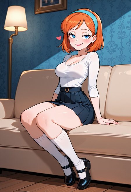 score_9,score_8_up,score_7_up,score_6_up,best quality,masterpiece, 
background is living room, sofa, blue wallpaper,
((cinematic lighting)), (shading),
1girl, solo, Perfect Body, (Perfect Anatomy:1.0),  
xlisax, orange hair, short hair, blue eyes, hairband, lipstick, 
white shirt, tight shirt, cleavage, medium breast, compressed breast, collarbone, mini skirt, pleated skirt, pencil skirt, high socks, white socks, black mary janes, 
sitting on sofa, looking at viewer, coy smile, seductive, teasing, flirting, full body,