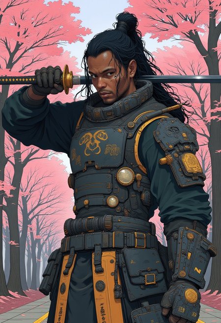 A (full body portrait:1.4) of a 26 year old African american man. He has long black hair in dread locks tied up. He has a short beard. He is wearing black samurai armor with gold accents. He holds a katana in a fighting stance. He is in a cherry blossom tree Grove. 
There is a scar over his left eye. 
cyberpunk, high-quality digital artwork, detailed background