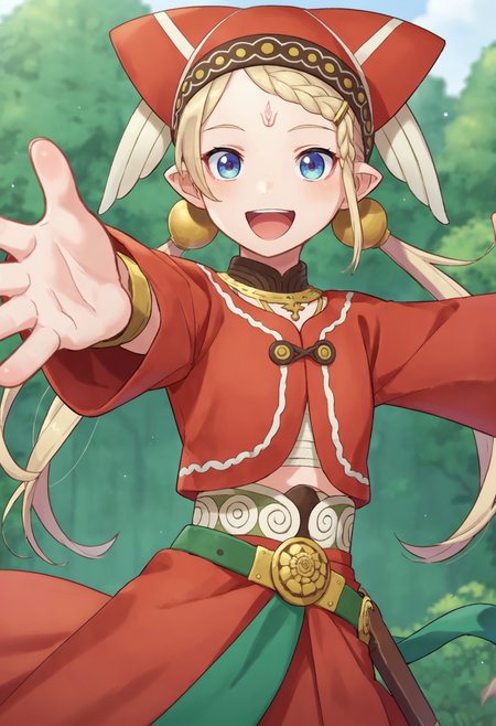 score_9_up score_8_up score_7_up, source_anime, 1girl tilarna exedilika forehead mark twintails, red headwear hat red dress green dress belt, outstretched arms, reaching out, gentle smile
<lora:tilarna_exedilika2_pony_d16:1>