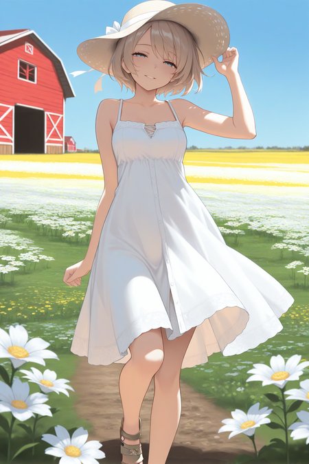masterpiece, best quality, 1girl, solo, <lora:ffashe-illu-nvwls-v1-000006:1> ffashebd, light brown hair, short hair, blue eyes, white sundress, sun hat, parted lips, flower field, blue sky, barn, looking at viewer, half-closed eyes, smile, sandals