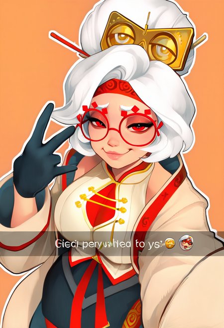 masterpiece, best quality, very aesthetic, orange background,outline,1girl,pur4h, white hair, red eyes, hair bun,hair ornament, red headband, red glasses, sleeveless shirt, beige shirt, beige jacket, red trim, open jacket, black skirt, red leggings, gloves,lips,smug,looking at viewer,selfie,snapchat,gesture <lora:ickp_n11:1> <lora:purah-illu-nvwls-v1:0.8>