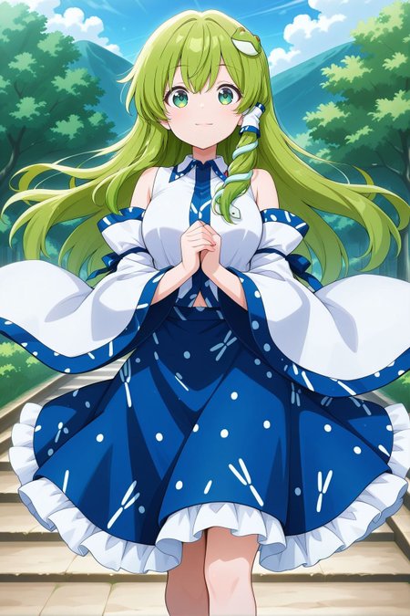 absurdres, highres, masterpiece, best quality, amazing quality, official anime artwork, screencap, anime screencap, outdoors, looking at viewer, light smile, dynamic pose, 
 <lora:Sanae-Kochiya_IllustriousV2:1> kochiya sanae, 1girl, solo, green eyes, green hair, long hair,, frog hair ornament, hair tubes, snake hair ornament, collared shirt, white shirt, detached sleeves, wide sleeves, blue skirt, frilled skirt,