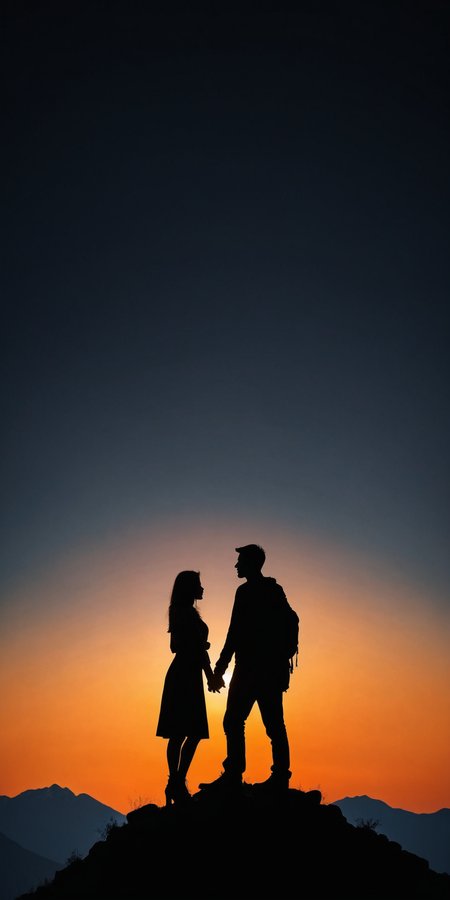 <lora:HMSGåªå½±XL-000001:0.8>,Couple standing, silhouette, mountain top, soft sunset light, romantic, surrealism style, high contrast, high definition photography, black and orange colors
